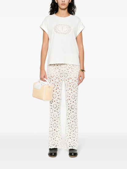 Floral-Crochet Flared Trousers