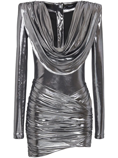 Cowl-Neck Lamé Mini Dress