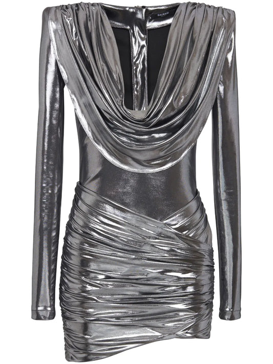 Cowl-Neck Lamé Mini Dress