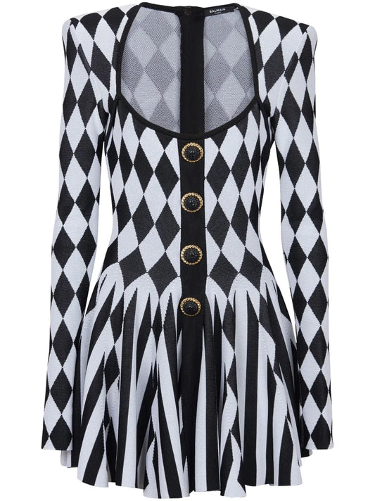 Diamond-Intarsia Knitted Mini Dress