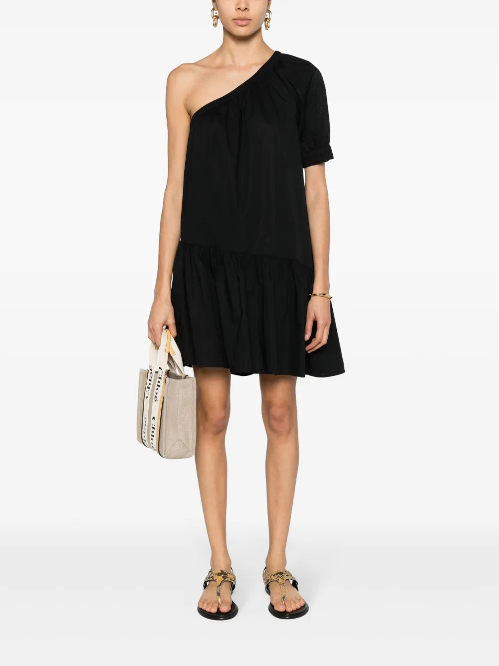 One-Shoulder Poplin Minidress