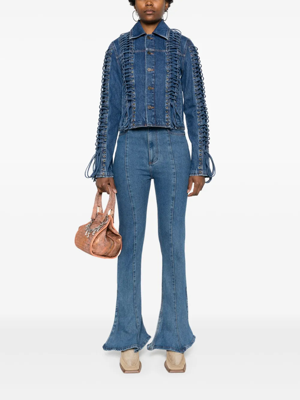 Lace Up-Embellished Denim Jacket