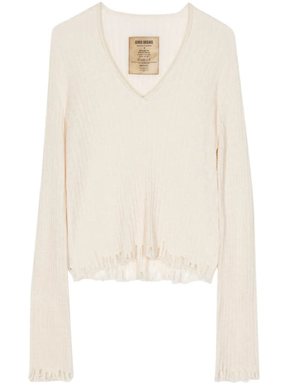 Distressed-Efffect V-Neck Jumper