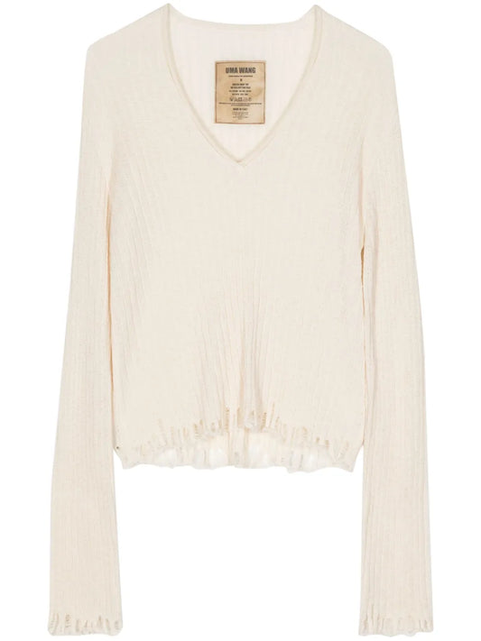 Distressed-Efffect V-Neck Jumper