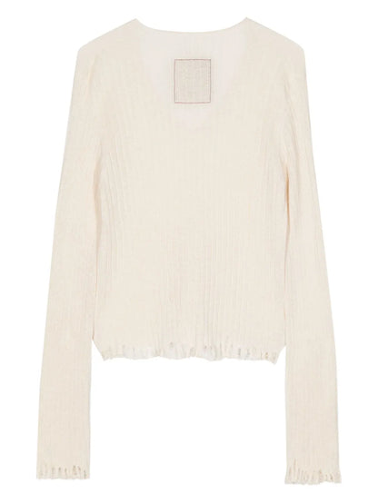 Distressed-Efffect V-Neck Jumper
