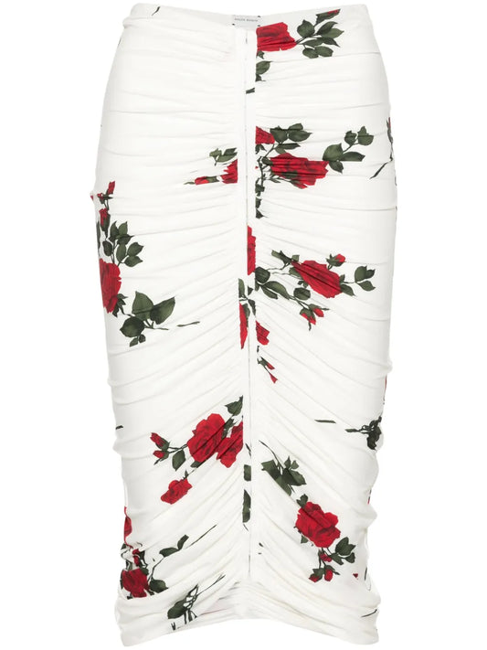 Rose-Print Ruched Midi Skirt