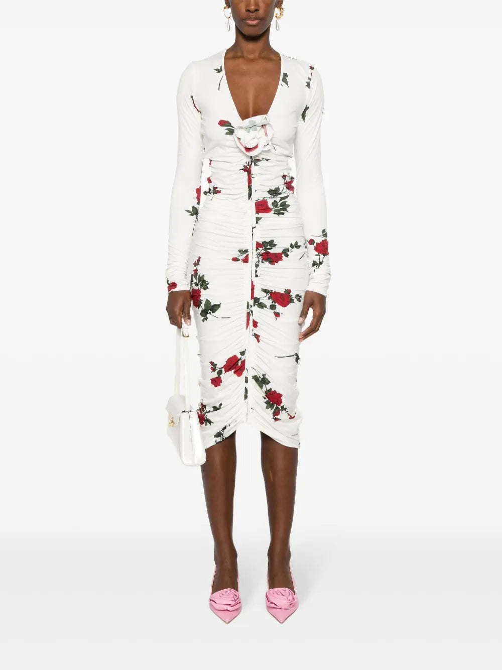 Rose-Print Ruched Midi Skirt