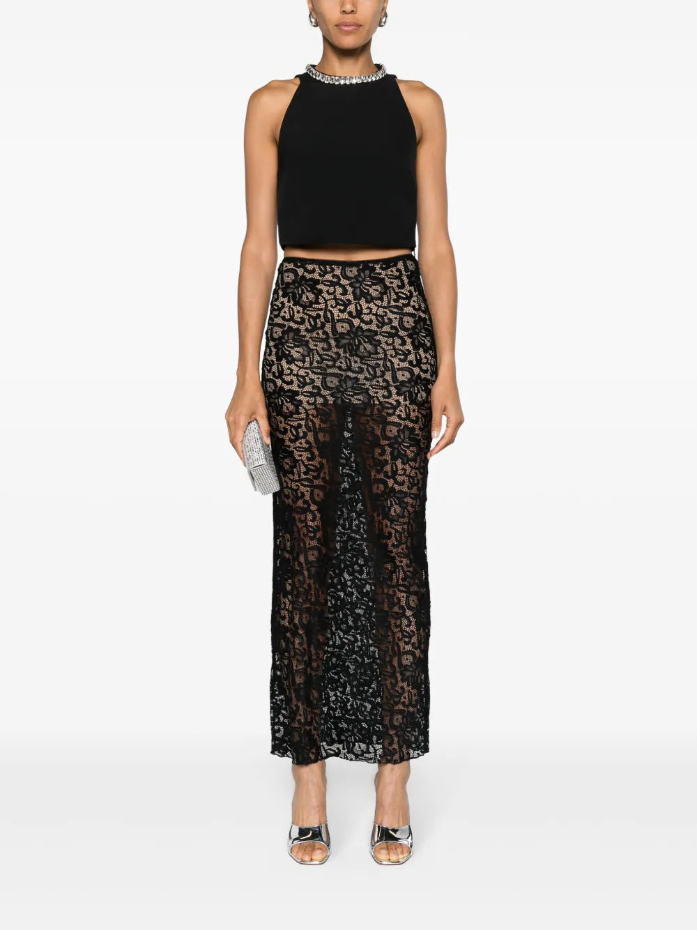 Floral-Lace Slip Maxi Skirt