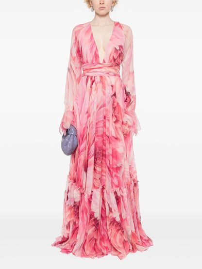 Plumage-Print Maxi Dress