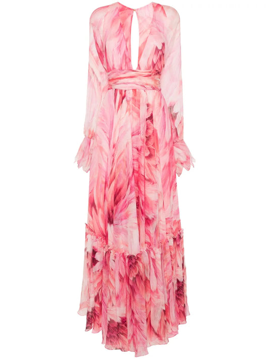 Plumage-Print Maxi Dress
