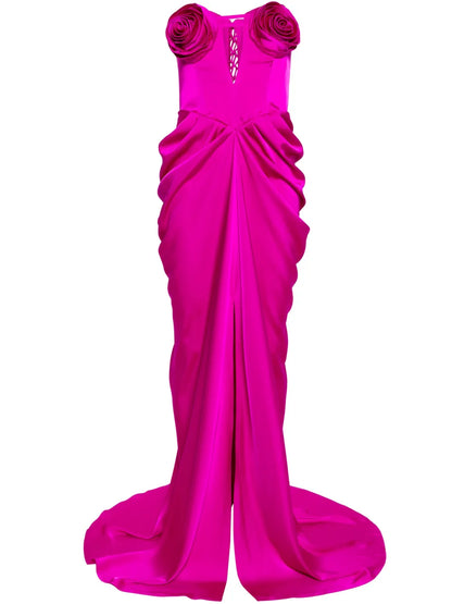 Floral-Appliqué Satin Gown
