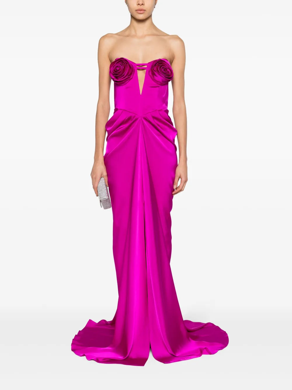 Floral-Appliqué Satin Gown