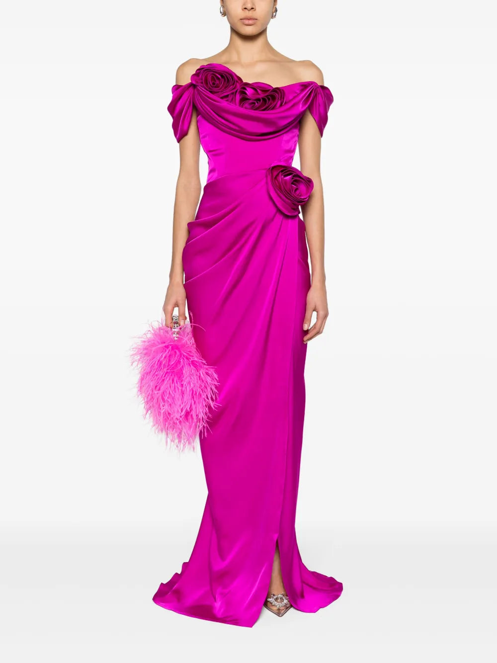 Floral-Appliqué Draped Gown