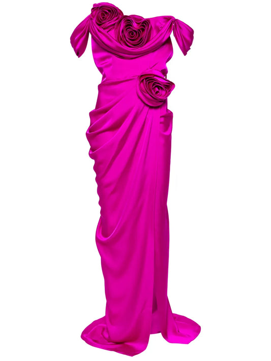 Floral-Appliqué Draped Gown
