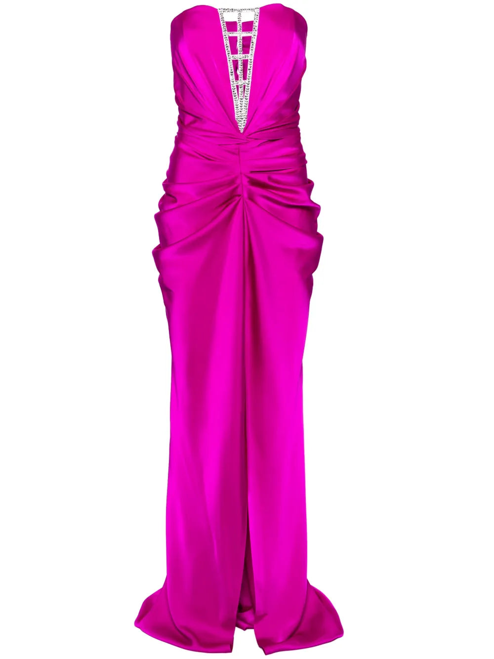 Rhinestone-Embellished Draped Satin Gown