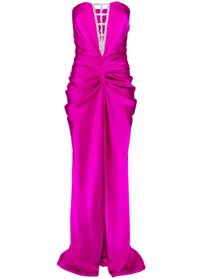 Rhinestone-Embellished Draped Satin Gown