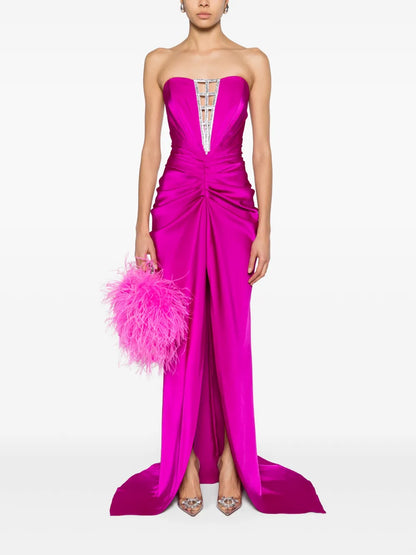 Rhinestone-Embellished Draped Satin Gown