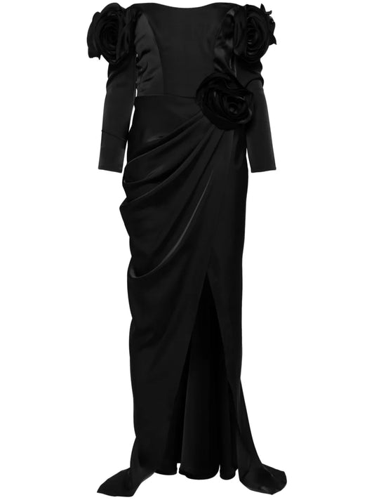 Floral-Appliqué Satin Gown