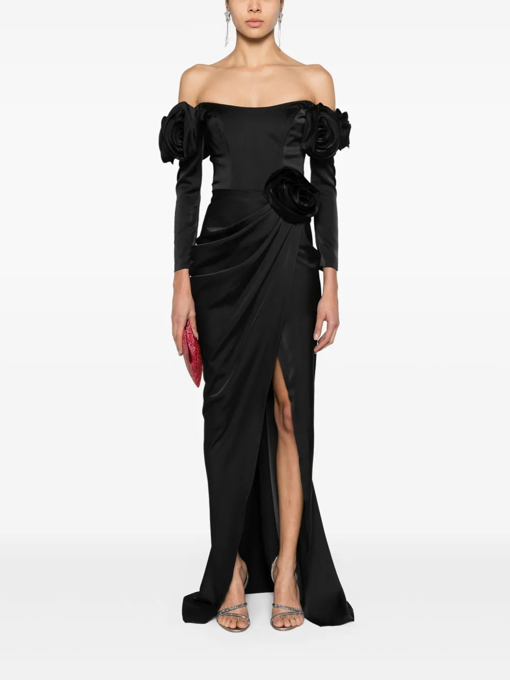 Floral-Appliqué Satin Gown