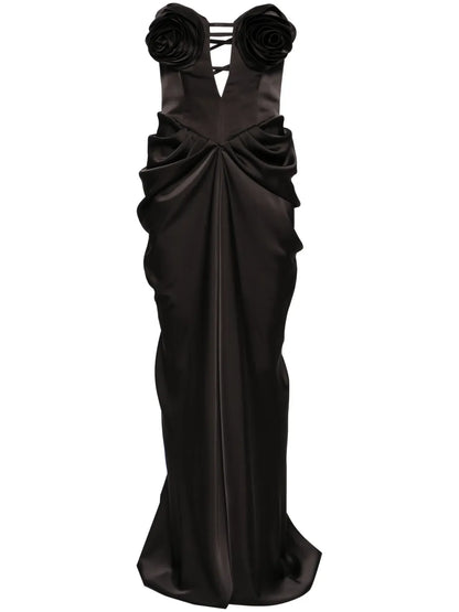 Floral-Appliqué Satin Gown