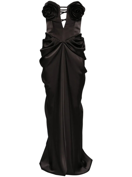 Floral-Appliqué Satin Gown