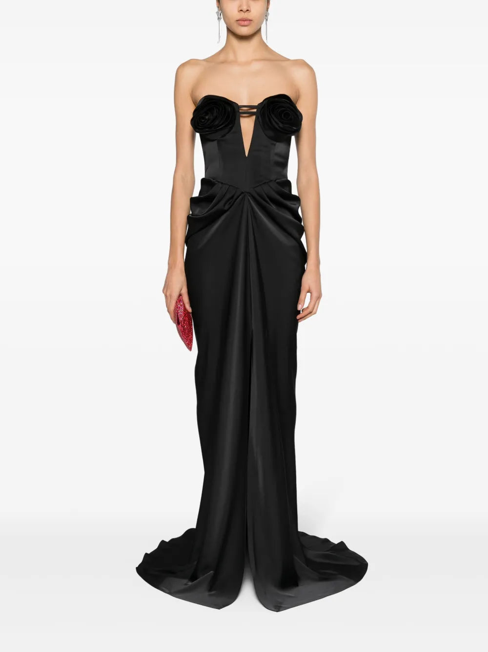 Floral-Appliqué Satin Gown