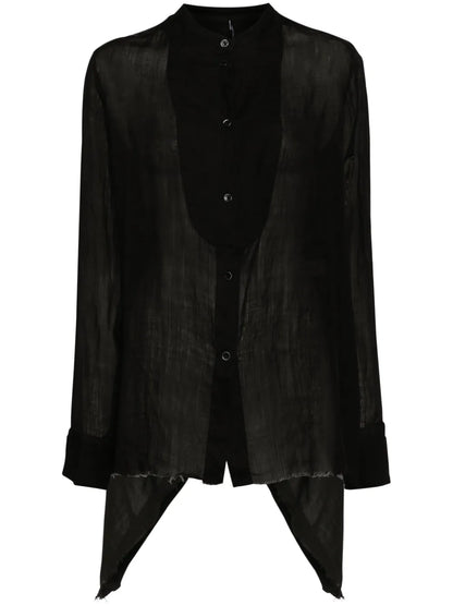 Band-Collar Raw-Cut Hem Shirt