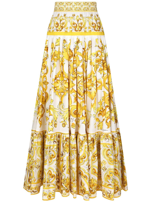 Majolica-Print Pleated Maxi Skirt