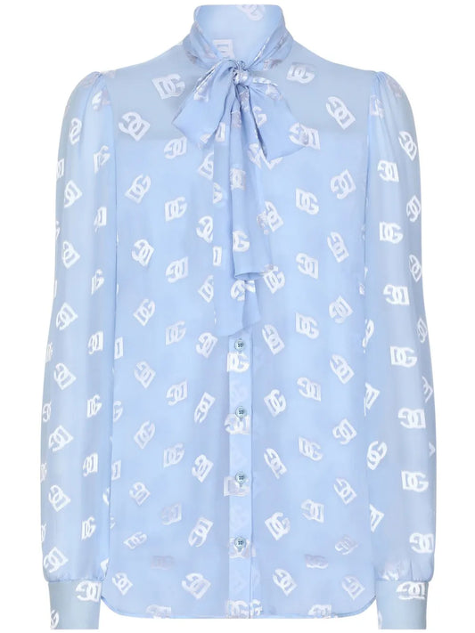 Pussy-Bow Collar Semi-Sheer Shirt