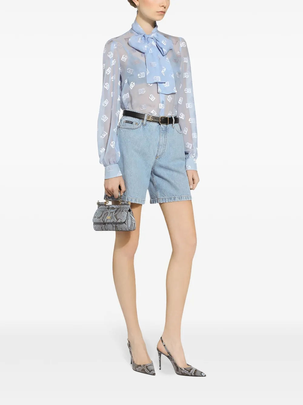 Pussy-Bow Collar Semi-Sheer Shirt