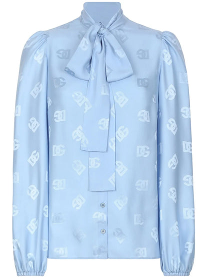 Monogram-Jacquard Pussy-Bow Shirt