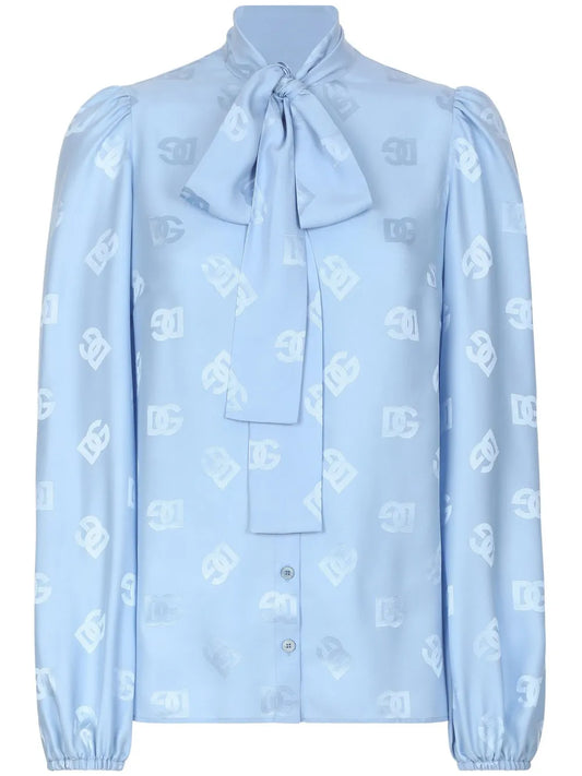 Monogram-Jacquard Pussy-Bow Shirt