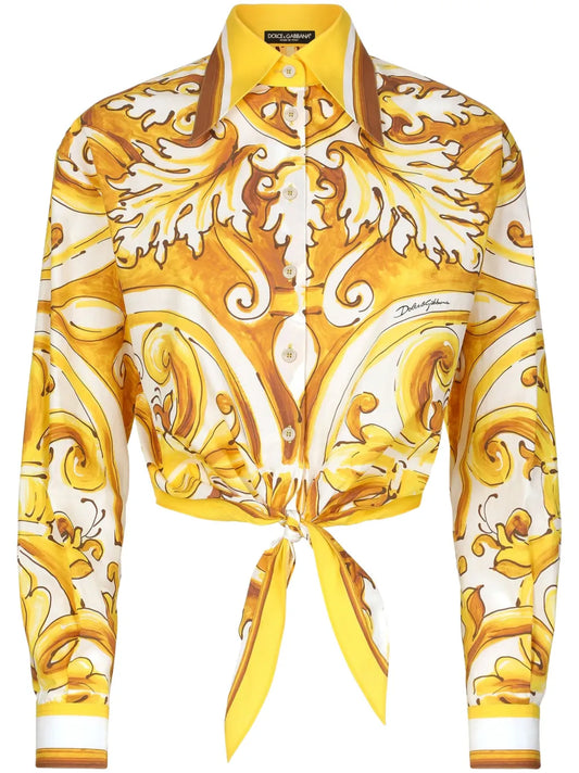 Majolica-Print Knotted Shirt