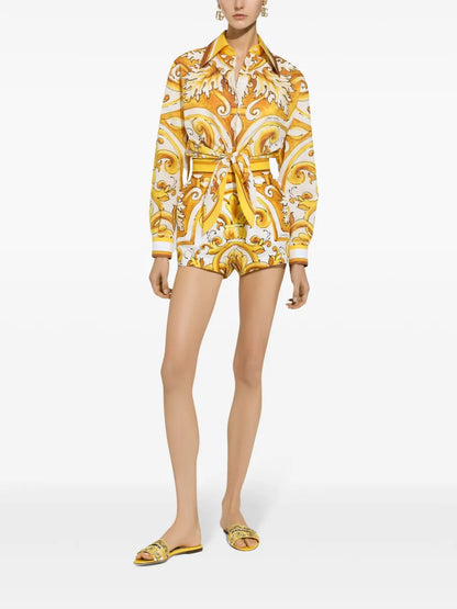 Majolica-Print Knotted Shirt