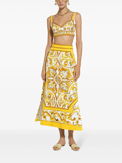 Majolica-Print Cotton Crop Top