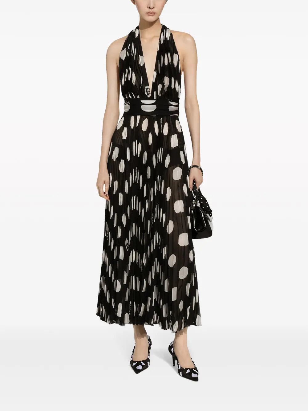 Polka-Dot Pleated Midi Dress