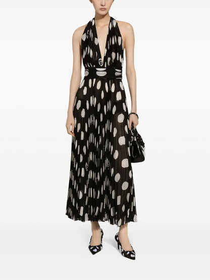 Polka-Dot Pleated Midi Dress
