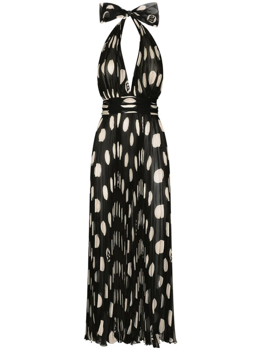 Polka-Dot Pleated Midi Dress