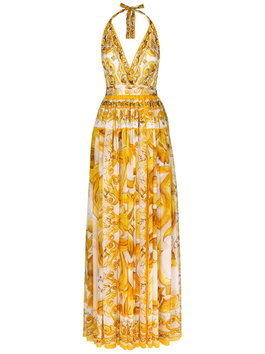 Majolica-Print Chiffon Maxi Dress