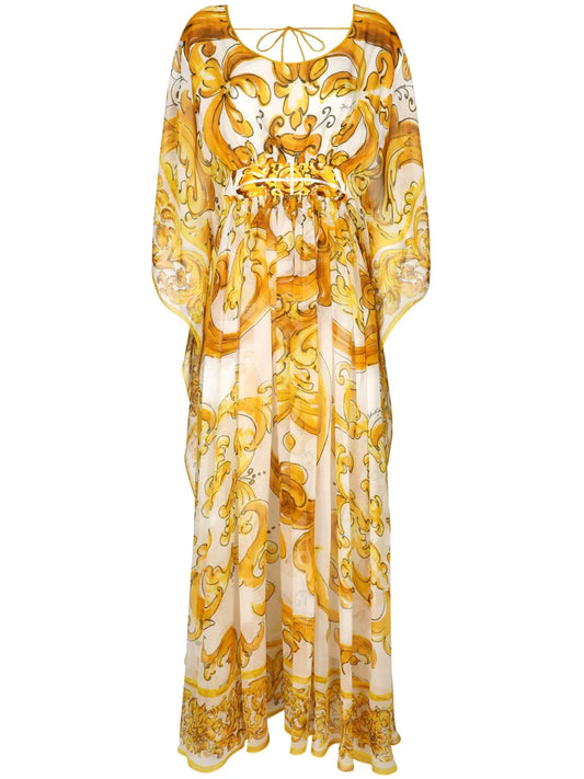 Majolica-Print Chiffon Dress