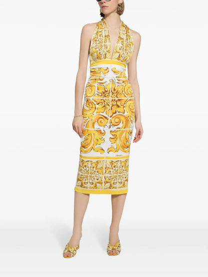 Majolica-Print Silk Midi Dress