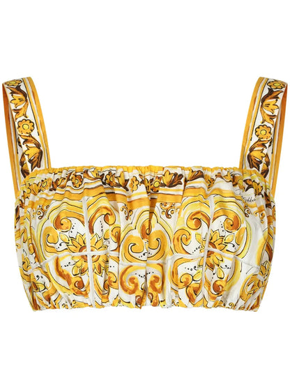 Majolica-Print Cotton Crop Top