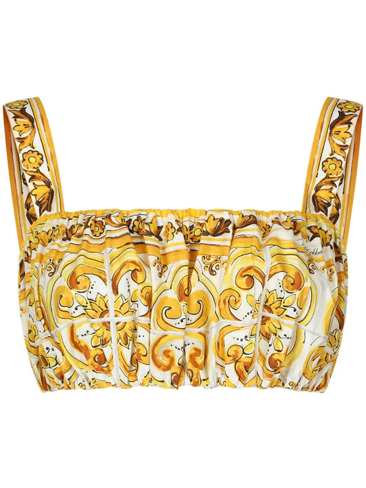 Majolica-Print Cotton Crop Top