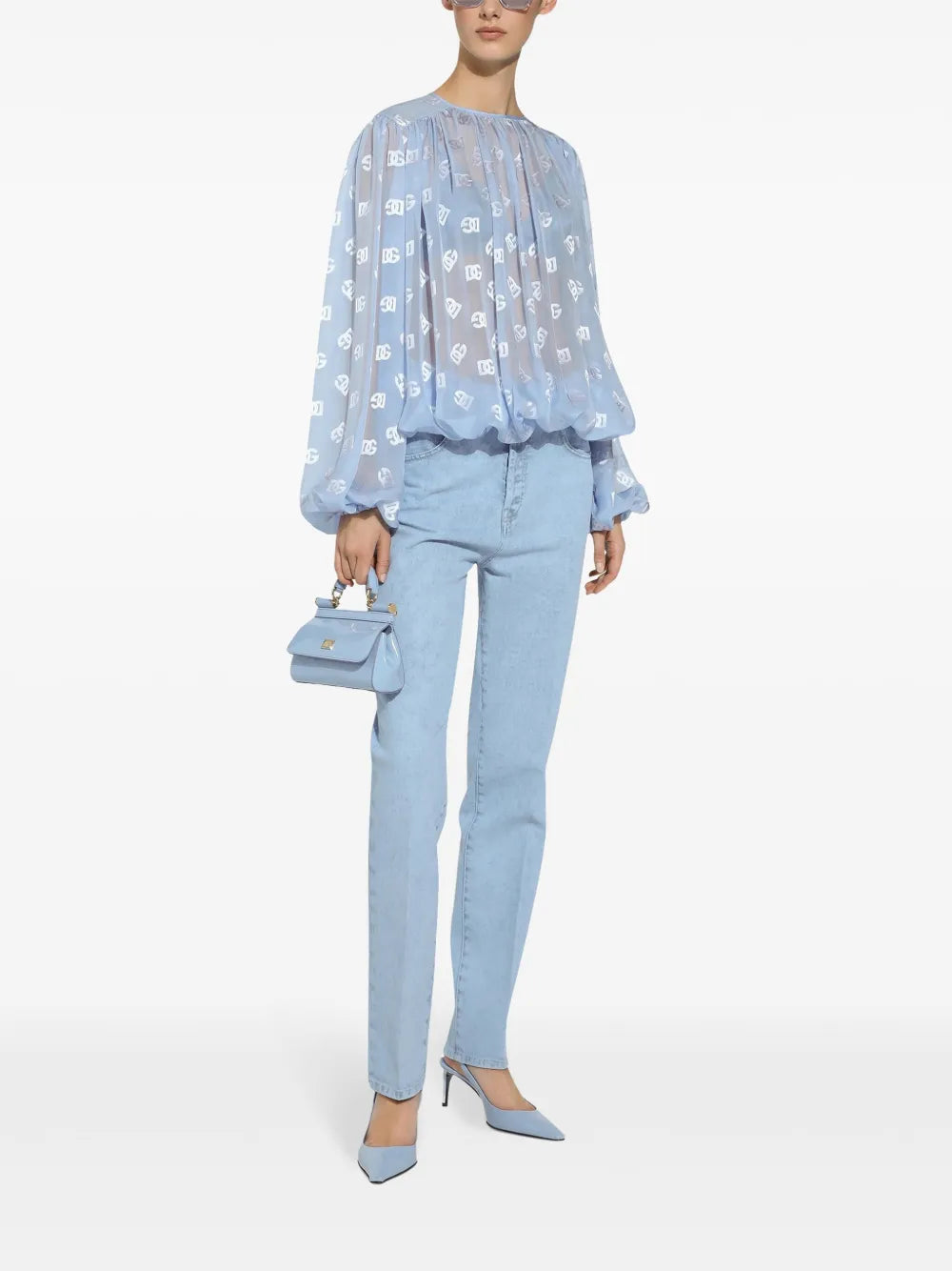 Monogram-Jacquard Semi-Sheer Blouse