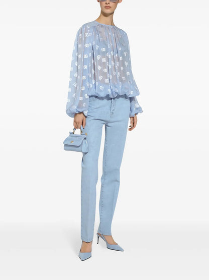 Monogram-Jacquard Semi-Sheer Blouse