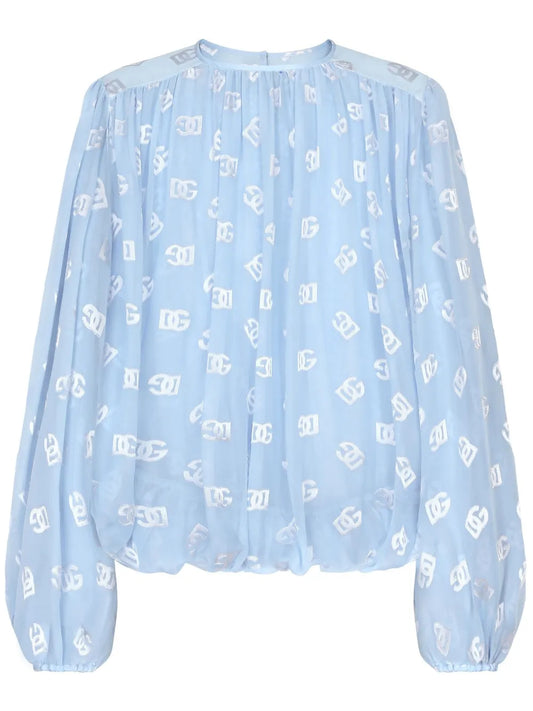 Monogram-Jacquard Semi-Sheer Blouse