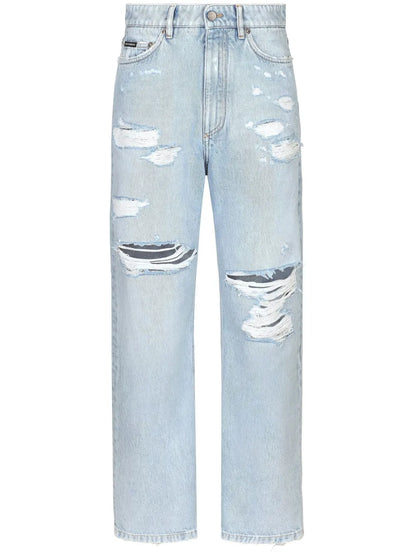 Distressed Finish Straight-Legged Jeans