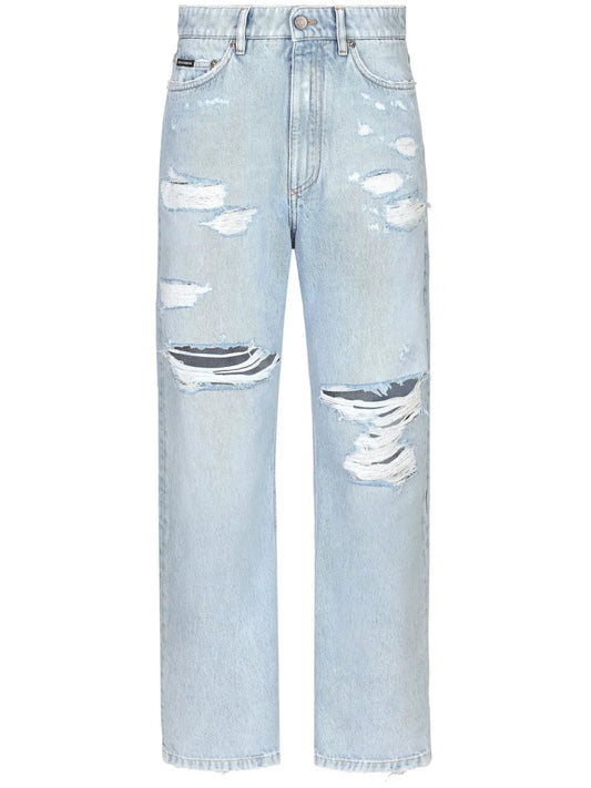 Distressed Finish Straight-Legged Jeans