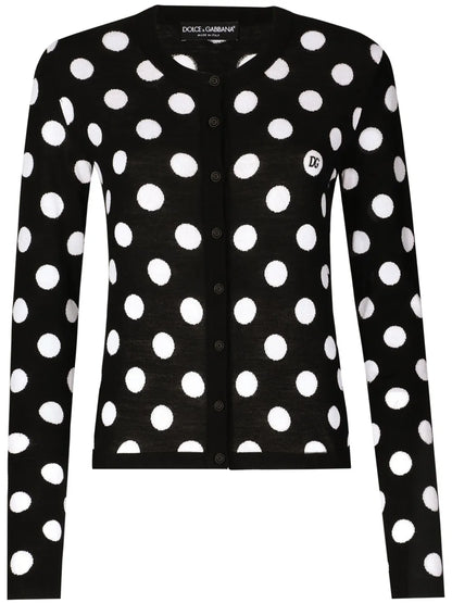 Polka Dot-Pattern Button-Up Cardigan