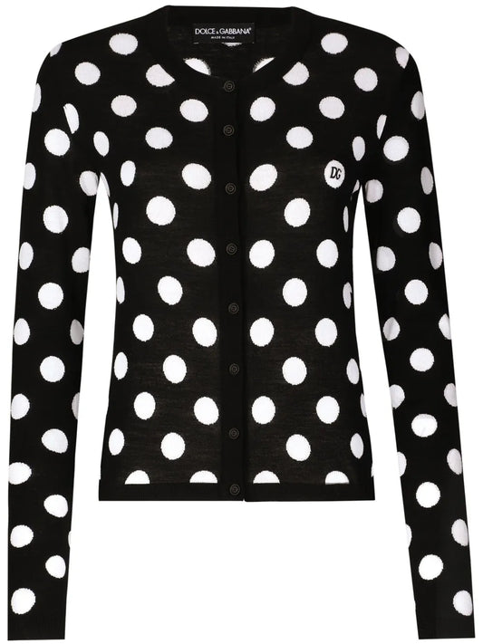 Polka Dot-Pattern Button-Up Cardigan